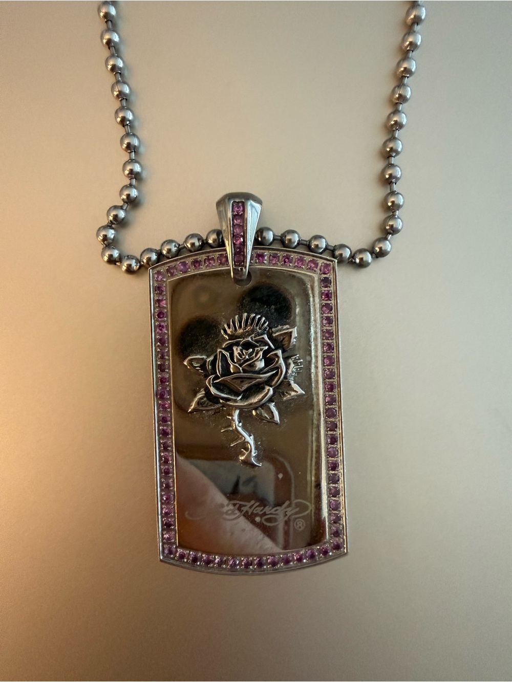 Ed Hardy Silver Stainless Steel USA Dog Tag Necklace